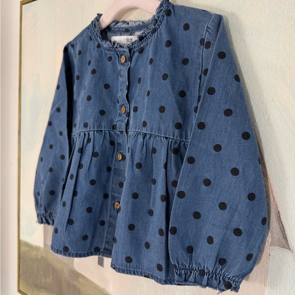 ZARA Baby Girl Blue Chambray Polka Dotted Denim Dress NWT size 12-18M - Picture 3 of 6
